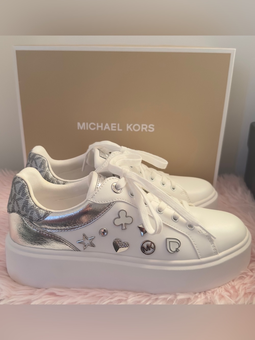 Michael Kors White Sneakers with Silver Accents & Logo Charms Limited Edition
